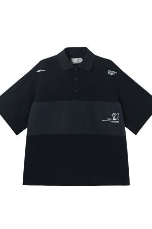 Men's Short Sleeve Polo Shirt - Nylon Spliced Layered Silhouette, Y2K Inspired Fashion