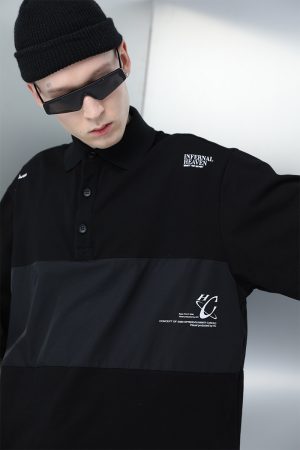 Men's Short Sleeve Polo Shirt - Nylon Spliced Layered Silhouette, Y2K Inspired Fashion