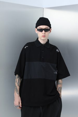 Men's Short Sleeve Polo Shirt - Nylon Spliced Layered Silhouette, Y2K Inspired Fashion