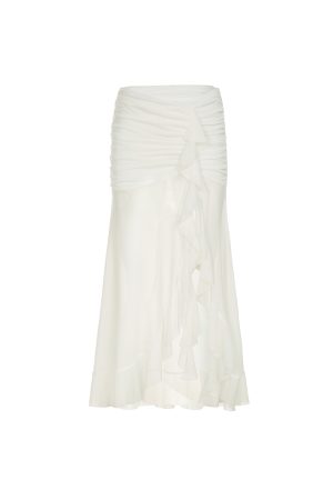 Mesh Spliced Ruffled Ribbon Split Hem Low-Waist Pleated Bodycon Long Skirt for Vacation Style and Effortless Elegance