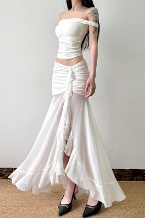 Mesh Spliced Ruffled Ribbon Split Hem Low-Waist Pleated Bodycon Long Skirt for Vacation Style and Effortless Elegance