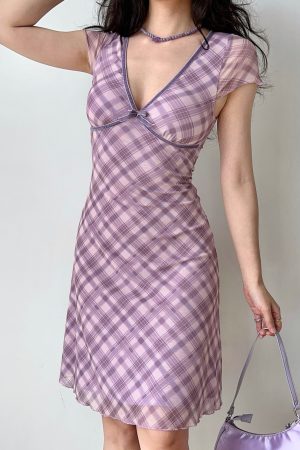 Mid-Length Deep V-Neck Plaid Mesh Dress - Sexy European & American Style Women's Vacation Dress, Perfect for 90s and Y2K Fashion