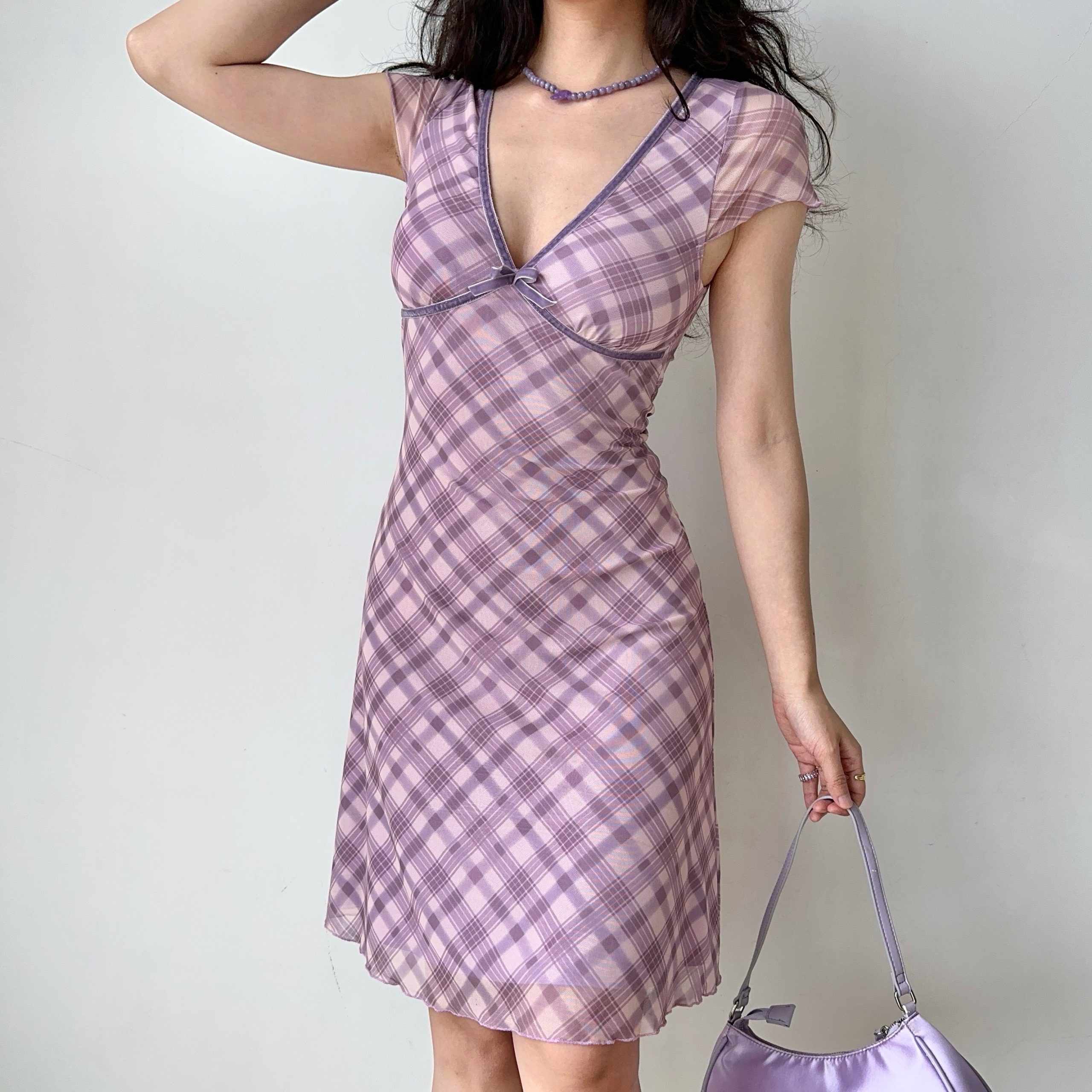 Mid-Length Deep V-Neck Plaid Mesh Dress - Sexy European & American Style Women's Vacation Dress, Perfect for 90s and Y2K Fashion Mid-Length Deep V-Neck Plaid Mesh Dress - Sexy European & American Style Women's Vacation Dress, Perfect for 90s and Y2K Fashion