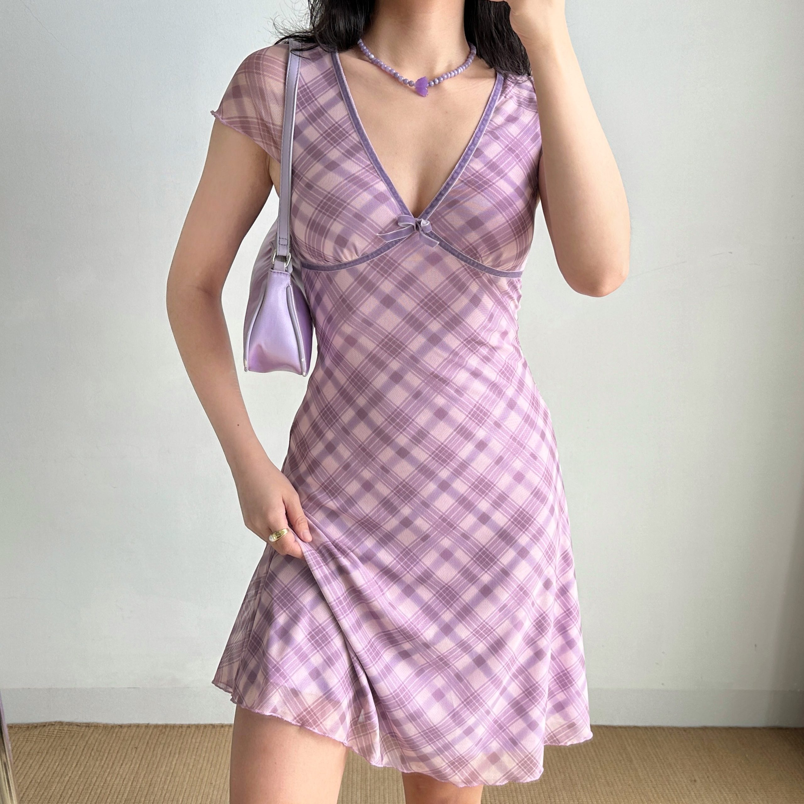 Mid-Length Deep V-Neck Plaid Mesh Dress - Sexy European & American Style Women's Vacation Dress, Perfect for 90s and Y2K Fashion Mid-Length Deep V-Neck Plaid Mesh Dress - Sexy European & American Style Women's Vacation Dress, Perfect for 90s and Y2K Fashion