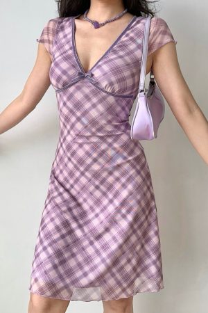 Mid-Length Deep V-Neck Plaid Mesh Dress - Sexy European & American Style Women's Vacation Dress, Perfect for 90s and Y2K Fashion