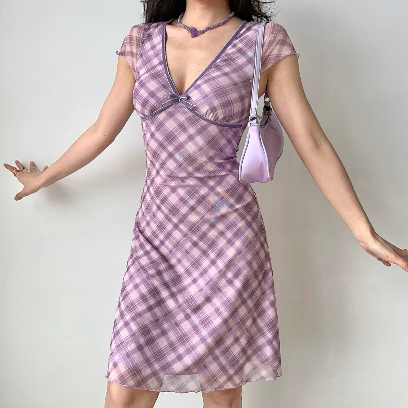 Mid-Length Deep V-Neck Plaid Mesh Dress - Sexy European & American Style Women's Vacation Dress, Perfect for 90s and Y2K Fashion Mid-Length Deep V-Neck Plaid Mesh Dress - Sexy European & American Style Women's Vacation Dress, Perfect for 90s and Y2K Fashion