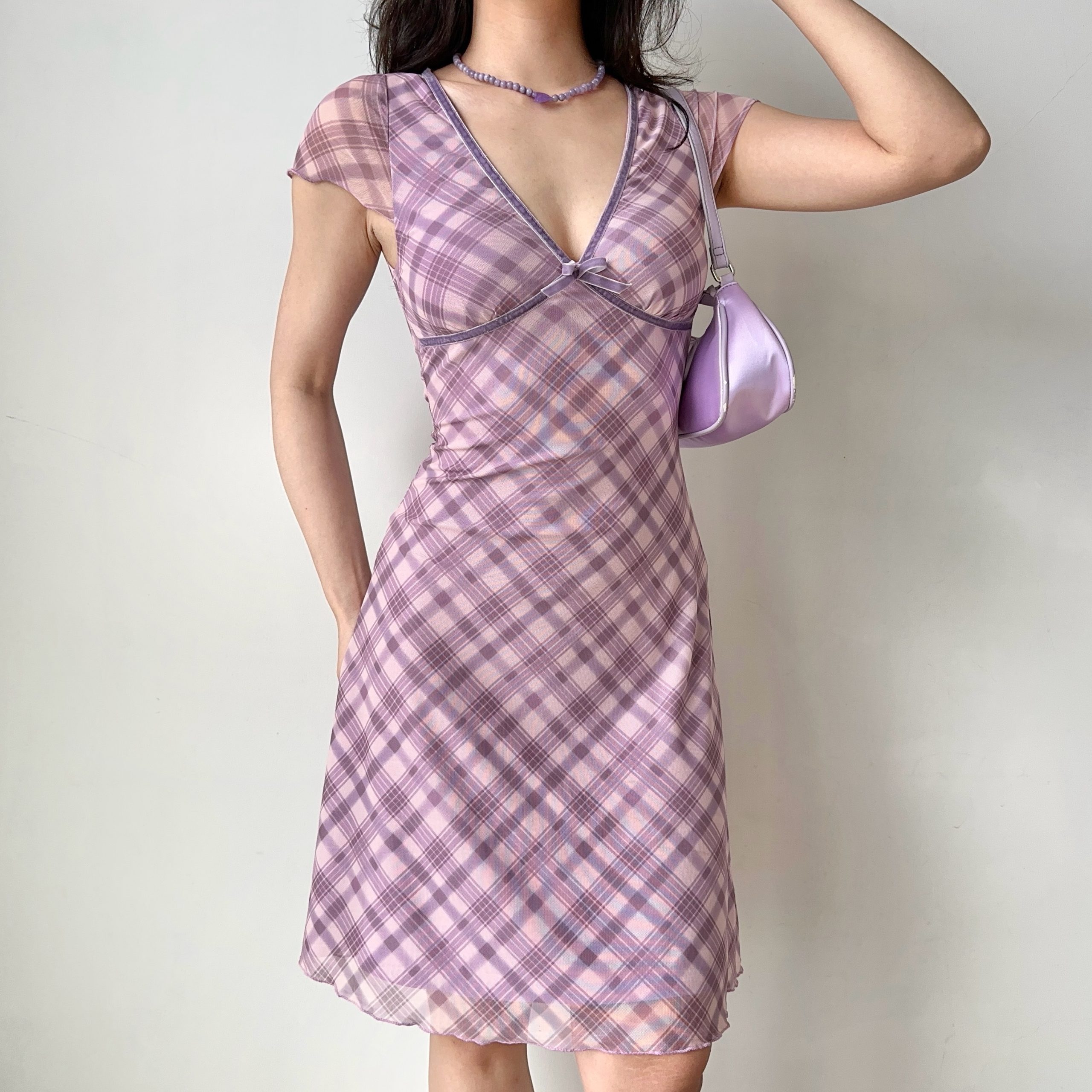 Mid-Length Deep V-Neck Plaid Mesh Dress - Sexy European & American Style Women's Vacation Dress, Perfect for 90s and Y2K Fashion Mid-Length Deep V-Neck Plaid Mesh Dress - Sexy European & American Style Women's Vacation Dress, Perfect for 90s and Y2K Fashion