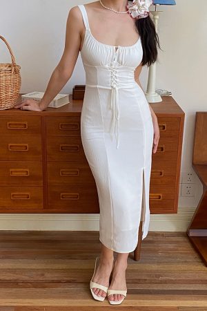 Mid-Length White Dress with Waist-Cinching Tie-Back, Split Skirt - French Pure Desire Style, Chic Summer Fashion