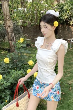 Midsummer Floral Oil Painting Frilled Bodycon Midi Skirt - Womenâ€™s Low Waist Vacation Skirt in Dopamine Colors