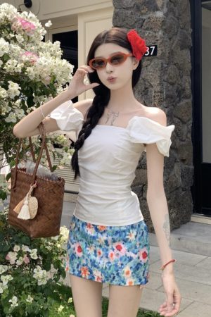 Midsummer Floral Oil Painting Frilled Bodycon Midi Skirt - Womenâ€™s Low Waist Vacation Skirt in Dopamine Colors