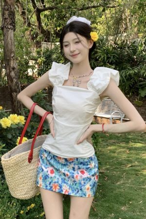 Midsummer Floral Oil Painting Frilled Bodycon Midi Skirt - Womenâ€™s Low Waist Vacation Skirt in Dopamine Colors