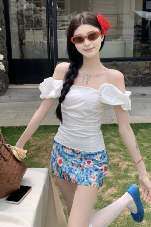 Midsummer Floral Oil Painting Frilled Bodycon Midi Skirt - Womenâ€™s Low Waist Vacation Skirt in Dopamine Colors