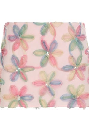 Midsummer Floral Oil Painting Frilled Bodycon Midi Skirt - Womenâ€™s Low Waist Vacation Skirt in Dopamine Colors