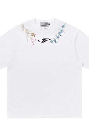 Minimalist Chinese-Style Floral Wreath Embroidery Short-Sleeve T-Shirt - Trendy 90s Inspired Design