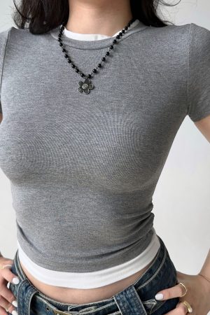 Minimalist Color-Blocking Faux Two-Piece T-Shirt for Women - European American Style Slim Fit Short Sleeve Round Neck Top