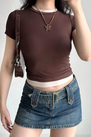 Minimalist Color-Blocking Faux Two-Piece T-Shirt for Women - European American Style Slim Fit Short Sleeve Round Neck Top