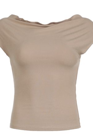 Minimalist French Off-Shoulder Drop Shoulder Top for Women - High Elasticity One-Shoulder Pleated Waist T-Shirt, Stylish Casual Fashion