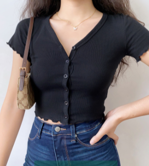 Minimalist Slim-Fit V-Neck Ruffled Short Sleeve T-Shirt Women's Cardigan - European American Style, Casual Chic, Perfect for Y2K Fashion