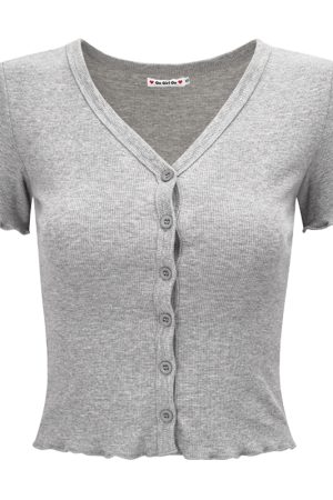 Minimalist Slim-Fit V-Neck Ruffled Short Sleeve T-Shirt Women's Cardigan - European American Style, Casual Chic, Perfect for Y2K Fashion