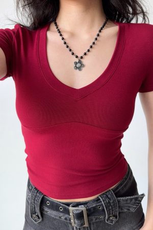 Minimalist Solid Color V-Neck Short Sleeve T-Shirt for Women - Summer Slim Fit Top, European & American Style, Casual Chic Fashion