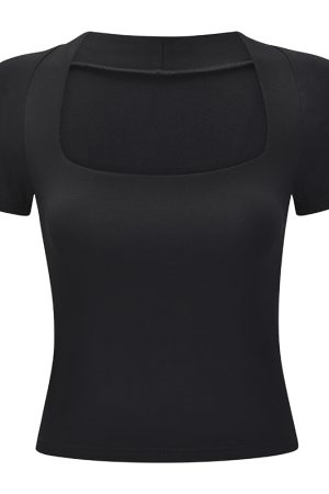 Minimalist Square Neck Short Sleeve T-Shirt for Women - Versatile Slim Fit Solid Color Top in European and American Style