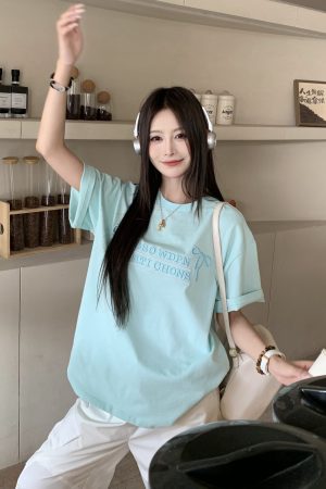 Mint Green Embroidered Short Sleeve T-Shirt for Women - 2025 Summer Lazy Loose Versatile Top - Y2K Style