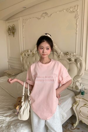 Mint Green Embroidered Short Sleeve T-Shirt for Women - 2025 Summer Lazy Loose Versatile Top - Y2K Style