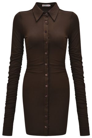 Mocha Brown Lapel Ultra-Long Sleeve Pleated Dress for Women - Slim Fit Bodycon Mini Skirt, European American Style, Y2K Fashion