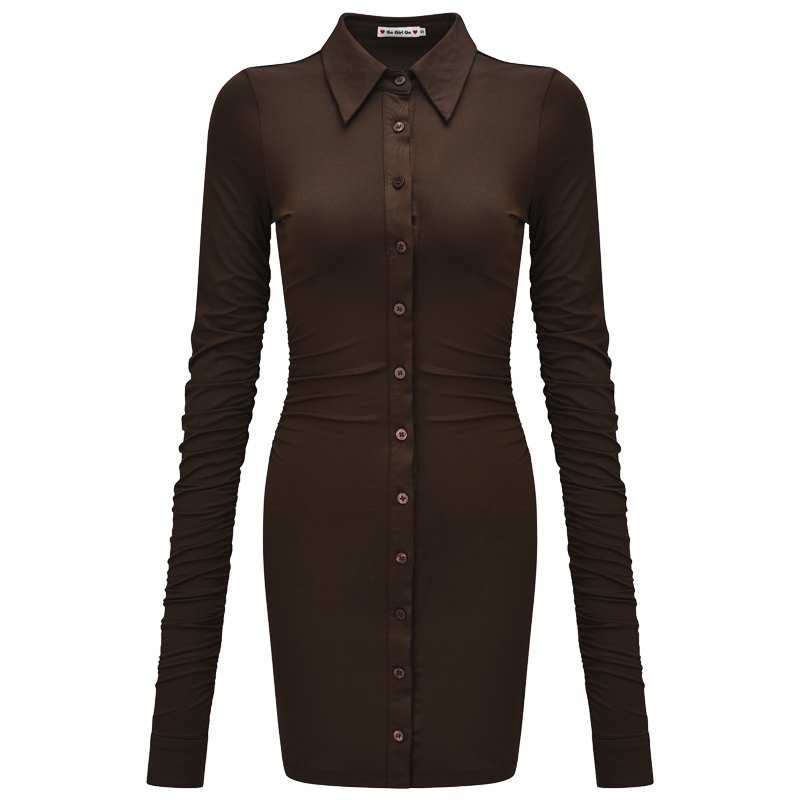 Mocha Brown Lapel Ultra-Long Sleeve Pleated Dress for Women - Slim Fit Bodycon Mini Skirt, European American Style, Y2K Fashion Mocha Brown Lapel Ultra-Long Sleeve Pleated Dress for Women - Slim Fit Bodycon Mini Skirt, European American Style, Y2K Fashion