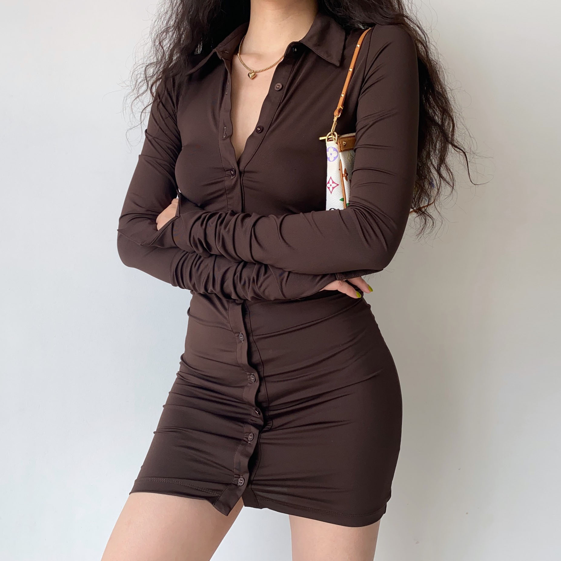 Mocha Brown Lapel Ultra-Long Sleeve Pleated Dress for Women - Slim Fit Bodycon Mini Skirt, European American Style, Y2K Fashion Mocha Brown Lapel Ultra-Long Sleeve Pleated Dress for Women - Slim Fit Bodycon Mini Skirt, European American Style, Y2K Fashion
