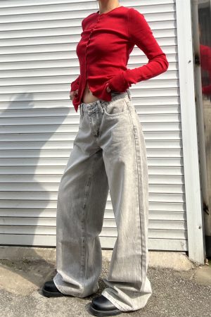 Mocha Gray Pear-Shaped Loose Versatile Straight Low-Rise Wide-Leg Jeans for Women - American Style Fashion 2025