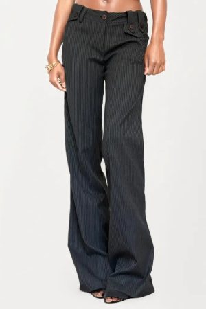 Modern Vintage Retro Low-Waist Striped Suit Pants for Women, Casual Straight-Leg Trousers, 90s Inspired Fashion