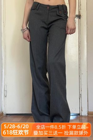 Modern Vintage Retro Low-Waist Striped Suit Pants for Women, Casual Straight-Leg Trousers, 90s Inspired Fashion