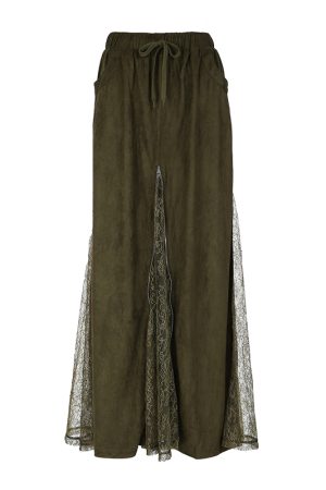 Moss Green Retro Vintage Zipper Spliced Lace A-Line Midi Skirt - 90s Inspired Niche Long Skirt for Unique Style