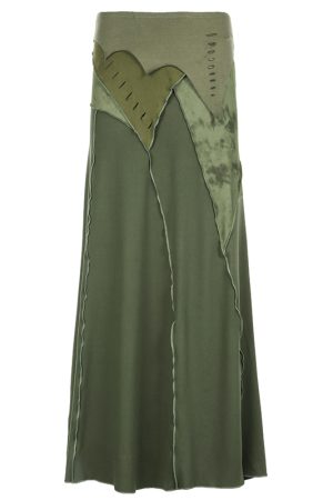 Moss Green Retro Vintage Zipper Spliced Lace A-Line Midi Skirt - 90s Inspired Niche Long Skirt for Unique Style