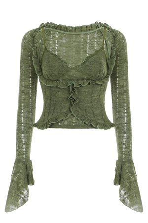 Moss Green Retro Vintage Zipper Spliced Lace A-Line Midi Skirt - 90s Inspired Niche Long Skirt for Unique Style