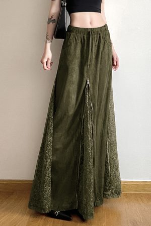 Moss Green Retro Vintage Zipper Spliced Lace A-Line Midi Skirt - 90s Inspired Niche Long Skirt for Unique Style