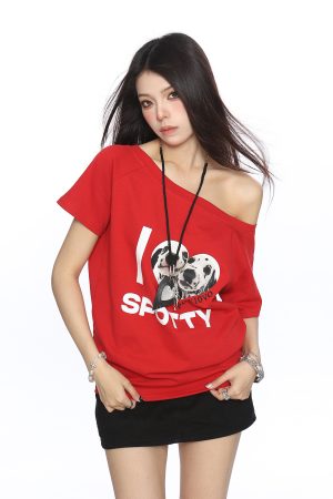 Off-Shoulder American Dalmatian T-Shirt for Women - Summer Slim Fit Short Sleeve Waist-Defining Top - Trendy Casual Style