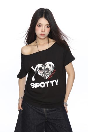 Off-Shoulder American Dalmatian T-Shirt for Women - Summer Slim Fit Short Sleeve Waist-Defining Top - Trendy Casual Style