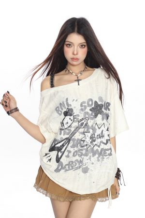 Off-Shoulder Hello Kitty Graffiti T-Shirt for Women - Summer Loose Casual Short Sleeve with Drawstring Slimming Cover-Up, Trendy 90s Style