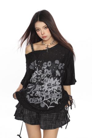 Off-Shoulder Hello Kitty Graffiti T-Shirt for Women - Summer Loose Casual Short Sleeve with Drawstring Slimming Cover-Up, Trendy 90s Style