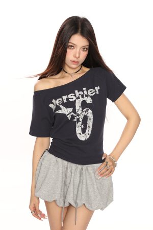 Off-Shoulder Letter Print Short Sleeve T-Shirt for Women - Spicy Girl Summer Slim Fit Top in American Style