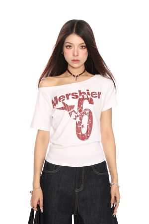 Off-Shoulder Letter Print Short Sleeve T-Shirt for Women - Spicy Girl Summer Slim Fit Top in American Style