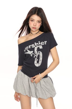 Off-Shoulder Letter Print Short Sleeve T-Shirt for Women - Spicy Girl Summer Slim Fit Top in American Style