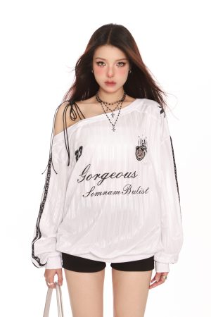 Off-Shoulder Long Sleeve Sweatshirt for Women - Slim Fit American Style Jersey Top for Autumn Sports Fashion