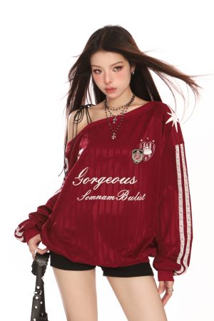 Off-Shoulder Long Sleeve Sweatshirt for Women - Slim Fit American Style Jersey Top for Autumn Sports Fashion