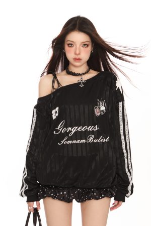 Off-Shoulder Long Sleeve Sweatshirt for Women - Slim Fit American Style Jersey Top for Autumn Sports Fashion