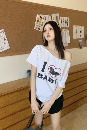 Off-Shoulder Short Sleeve Love Heart T-Shirt for Women - Casual Summer Asymmetrical Top, 90s Inspired, Spicy Sister Style