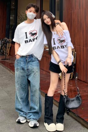 Off-Shoulder Short Sleeve Love Heart T-Shirt for Women - Casual Summer Asymmetrical Top, 90s Inspired, Spicy Sister Style