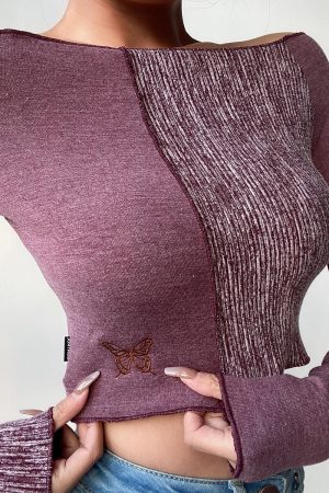 Off-Shoulder Slim High-Waist Short T-Shirt with Butterfly Embroidery - Cute Color-Block Long Sleeve Top for Early Spring Style